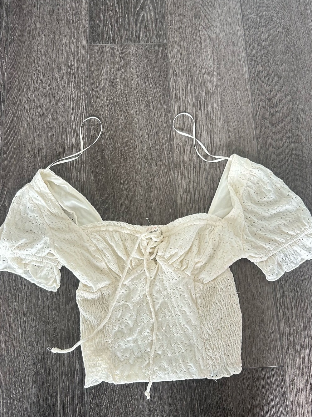 Marshalls Cream Eyelet Puff-Sleeve Tie-Front Crop Top